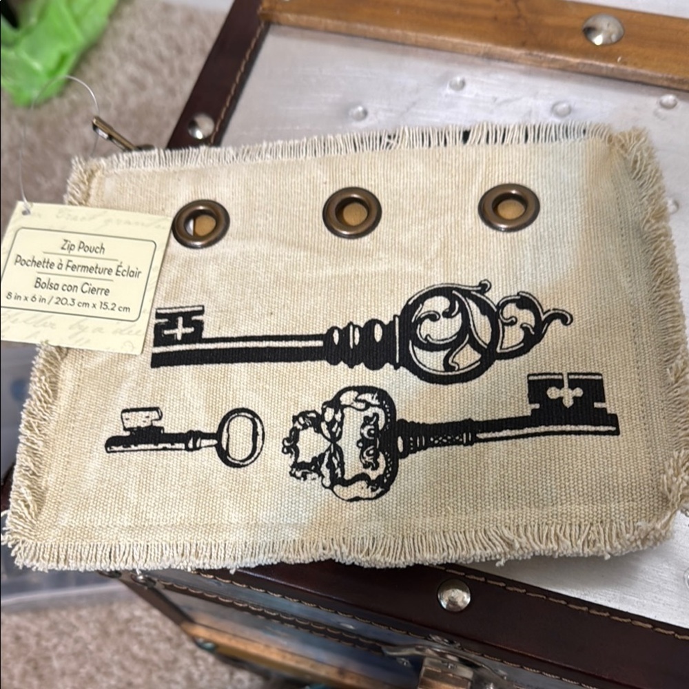 Beige Zip Pouch with Key Print